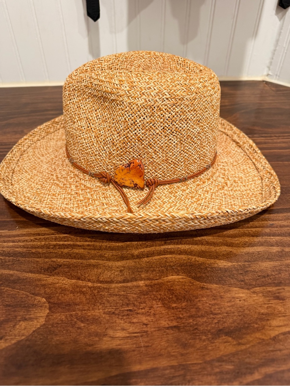 Straw Cowboy Hat with Leather Accent - Natural Tan